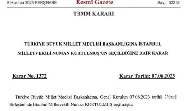 Kurtulmuş'un TBMM Başkanlığı Resmi Gazete'de yayımlandı