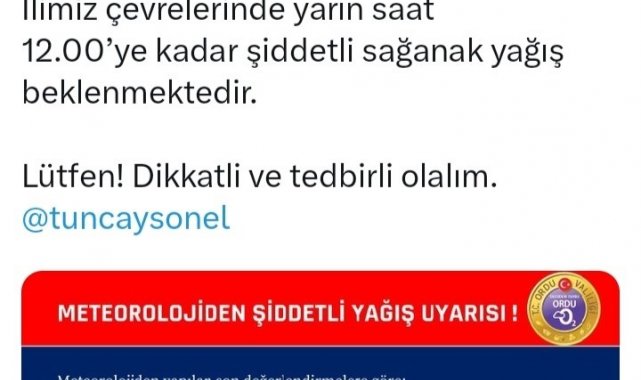 Ordu için çok kuvvetli ve şiddetli sağanak uyarısı