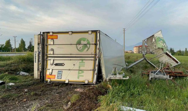 Reklam tabelasına çarparak devrilen sakatat yüklü tırın sürücüsü yaralandı