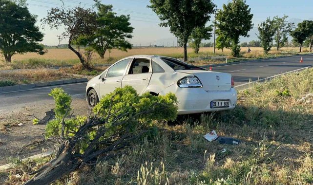 Ağaçları devirerek durabilen otomobilde 2 kişi yaralandı