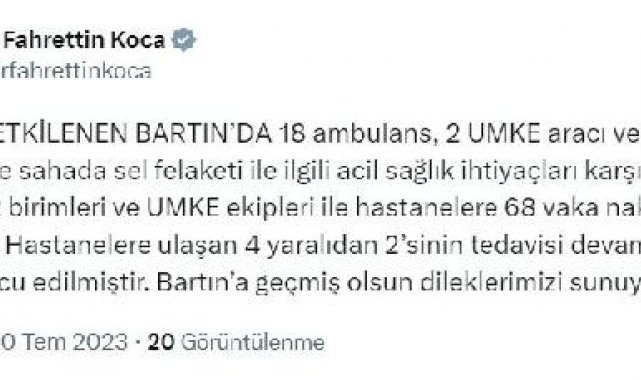 Bakan Koca: Bartın'daki selde 2 yaralının tedavisi devam ediyor