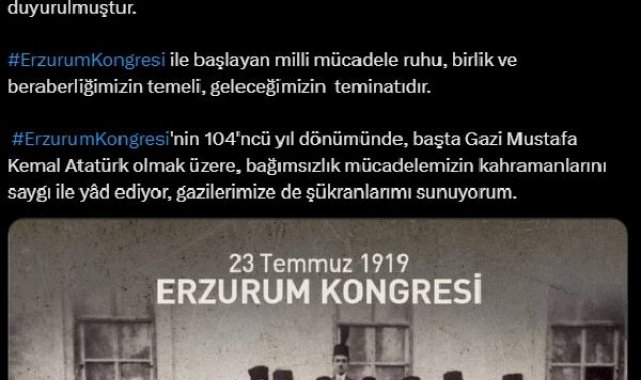Bakan Tunç'tan 'Erzurum Kongresi' paylaşımı