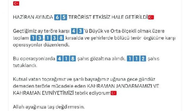 Bakan Yerlikaya: Haziranda 65 terörist etkisiz hale getirildi