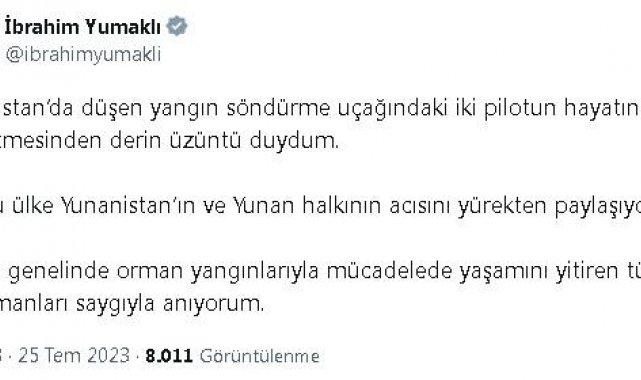 Bakan Yumaklı: Yunanistan'da iki pilotun hayatını kaybetmesinden derin üzüntü duydum