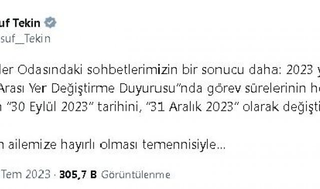 Bakan Tekin'den Öğretmenler için isteğe bağlı yer değiştirme görev süresinde değişiklik açıklaması