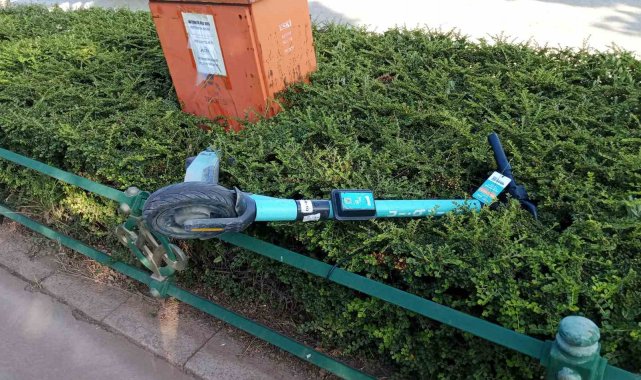Çalıların üzerine atılan scooter dikkat çekti