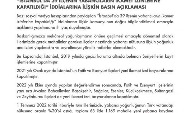 Göç İdaresi Başkanlığı: 39 ilçenin yabancılara kapatıldığı iddiaları gerçeği yansıtmıyor