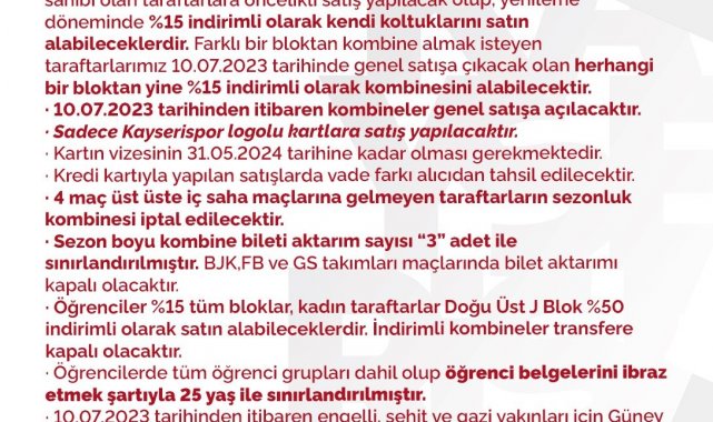 Kayserispor, kombine bilet fiyatlarını belirledi