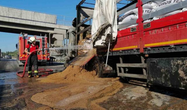 Mersin'de yem yüklü tır yandı
