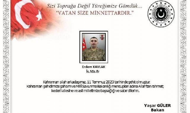 MSB: Silah kazasında ağır yaralanan asker şehit oldu