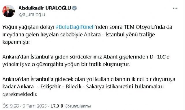 TEM Otoyolu'nda heyelan sebebiyle Ankara-İstanbul yönü trafiğe kapandı