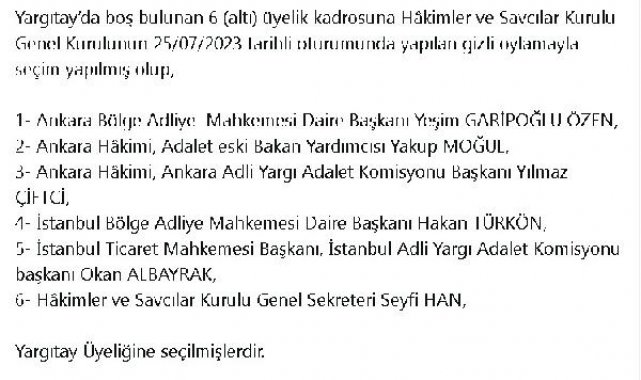 Yargıtay'da boş bulunan üyelik kadrolarına seçilen isimler belli oldu