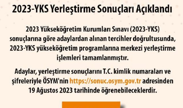 2023- YKS yerleştirme sonuçları açıklandı
