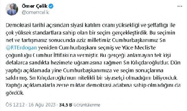 AK Parti'li Çelik: Kılıçdaroğlu, koltuğunu sağlama almak için milli iradeye saldırıyor