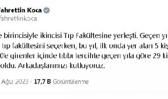 Bakan Koca: Bu yıl ilk 10'a giren 5 kişi tıbbı seçti