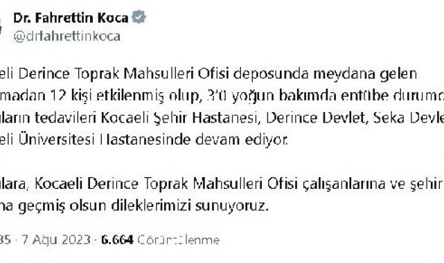 Bakan Koca: Toprak Mahsulleri Ofisi'nde meydana gelen patlamada 12 kişi etkilenmiş olup, 3'ü entübe durumdadır