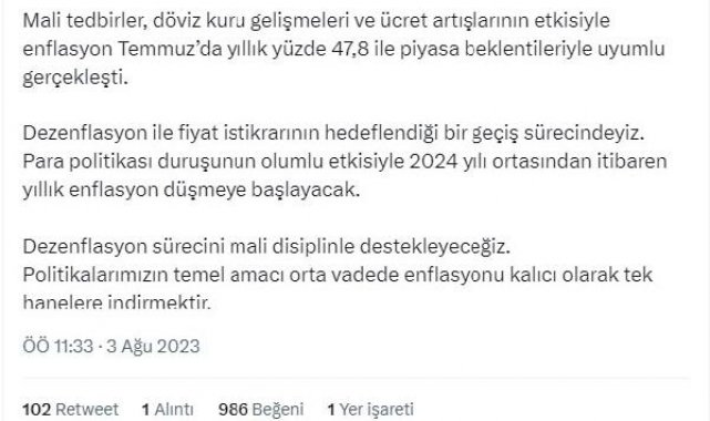 Bakan Şimşek: Enflasyon piyasa beklentileriyle uyumlu gerçekleşti