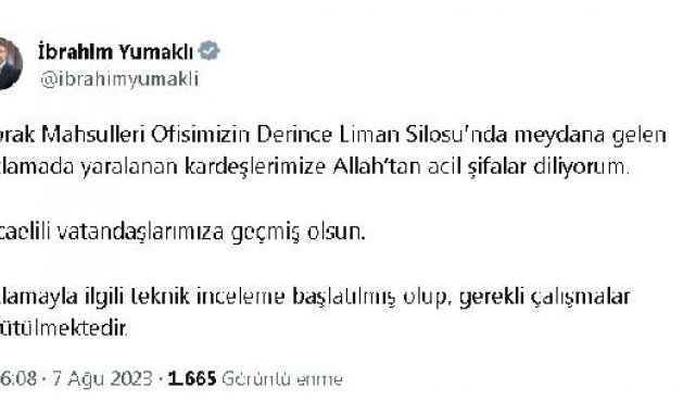 Bakan Yumaklı: Derince Liman Silosu'ndaka patlamayla ilgili teknik inceleme başlatıldı