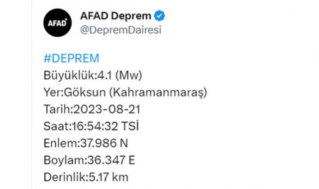 Kahramanmaraş'ta 4.1 büyüklüğünde deprem