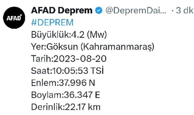 Kahramanmaraş'ta 4.2 büyüklüğünde deprem