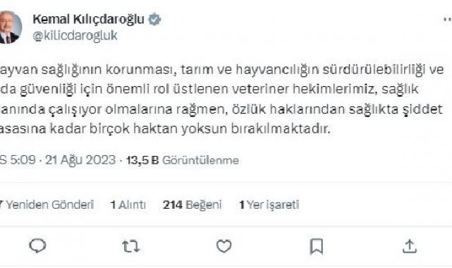 Kılıçdaroğlu: Veteriner hekimlerimizin sorunlarını çözmek için etkili adımlar atılmalı