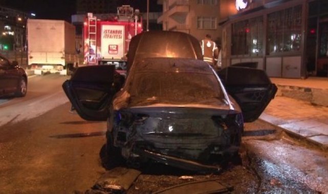 Pendik'te yakıt kaçağı olan araç alev alev yandı