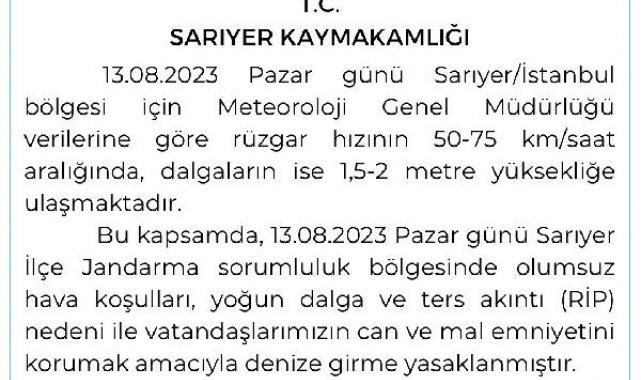Sarıyer'de denize girmek yasaklandı