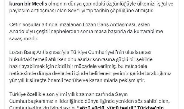 TBMM Başkanı Kurtulmuş'tan 'Lozan' mesajı