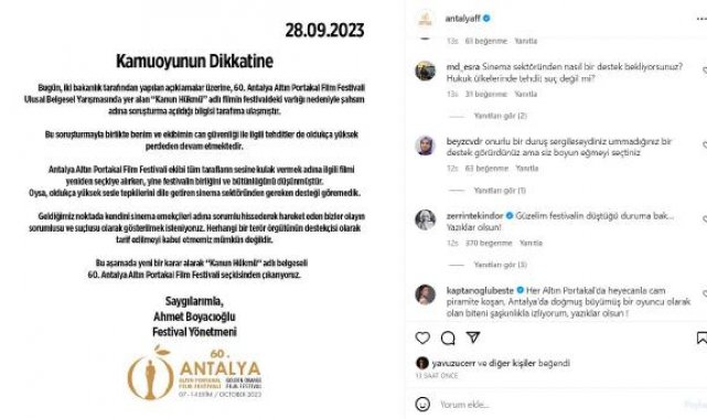 'Kanun Hükmü' filminin yeniden seçkiden çıkarılmasına Altın Portakallı sanatçılardan tepki