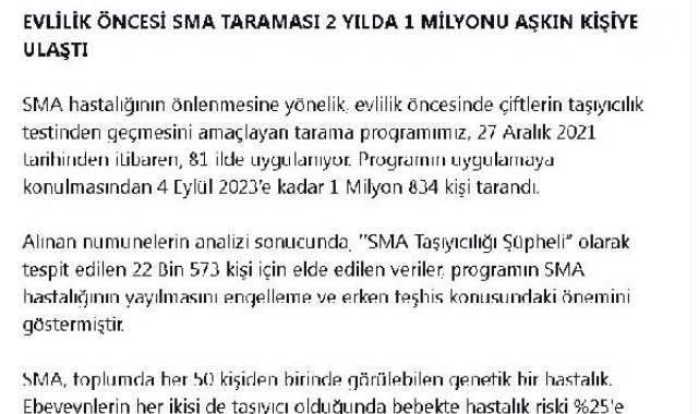 Bakan Koca: 1,8 milyon kişi evlilik öncesi SMA taramasından geçti