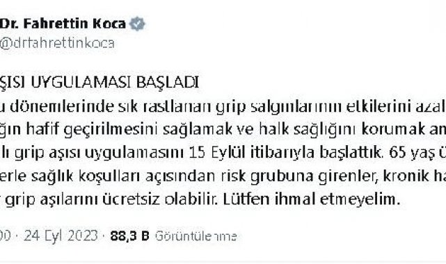 Bakan Koca: Grip aşısı uygulaması başladı