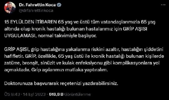Bakan Koca: 15 Eylül'den itibaren grip aşısı uygulaması başlıyor