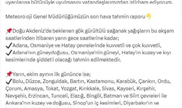 Bakan Özhaseki'den yağış uyarısı