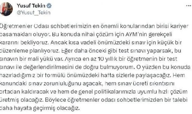 Bakan Tekin: 'Kariyer Basamakları Sınavı' için düzenleme planlıyoruz