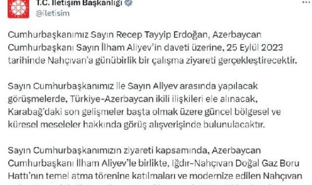 Cumhurbaşkanı Erdoğan, Nahçıvan'a gidiyor