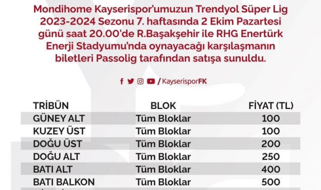 Kayserispor-Başakşehir maçının bilet fiyatları belli oldu