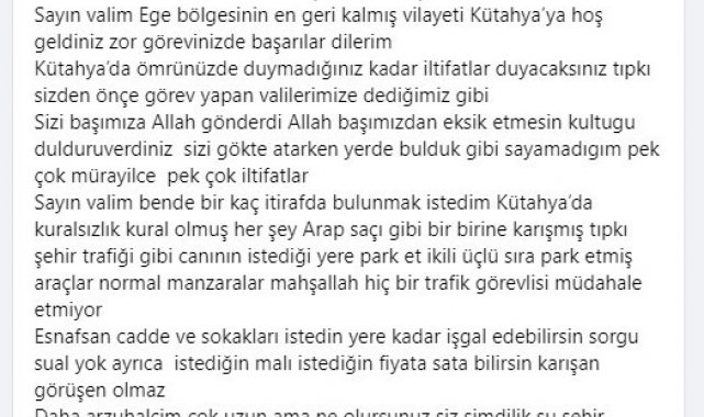 Yeşil'den Vali Işın'a mektup: "Kütahya'da ömrünüzde duymadığınız kadar iltifatlar duyacaksınız"