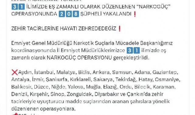 31 ilde uyuşturucu operasyonu: 208 gözaltı