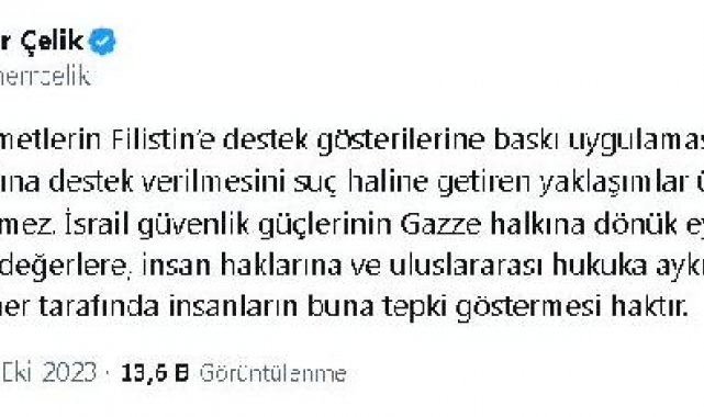 AK Parti'li Çelik: Batılı hükümetlerin Filistin'e destek gösterilerine baskısı kabul edilemez
