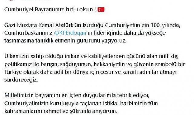 Bakan Fidan'dan, 'Cumhuriyet Bayramı' mesajı