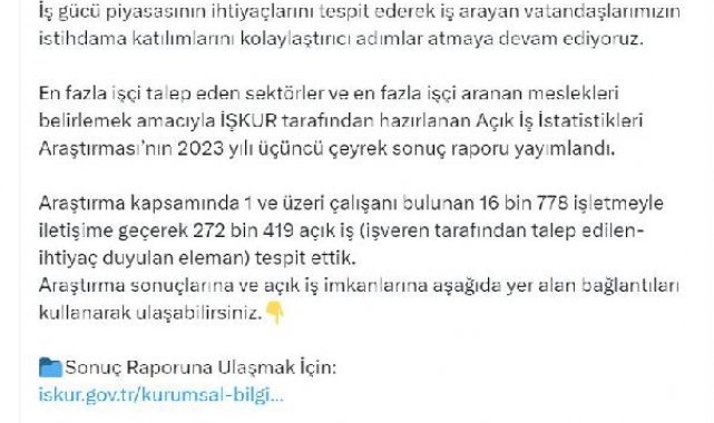 Bakan Işıkhan: 272 bin 419 eleman ihtiyacı tespit ettik