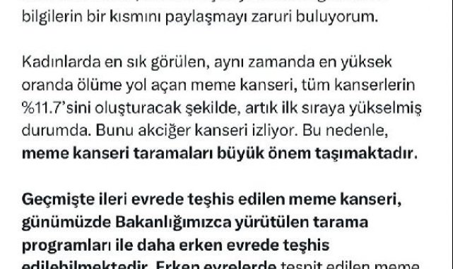 Bakan Koca: Meme kanseri artık ilk sıraya yükselmiş durumda