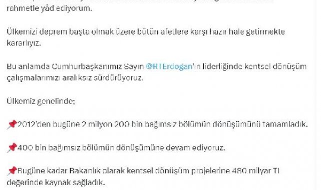 Bakan Özhaseki: 400 bin bağımsız bölümün dönüşümüne devam ediyoruz