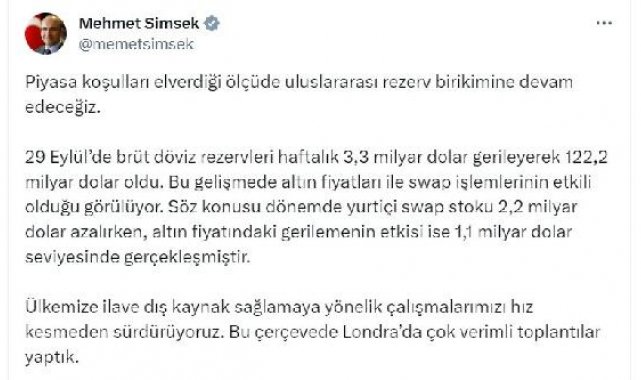 Bakan Şimşek: Uluslararası rezerv birikimine devam edeceğiz