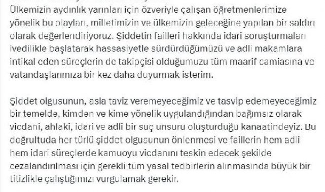 Bakan Tekin: Öğretmenlerimize yönelik şiddet ülkemizin geleceğine saldırıdır