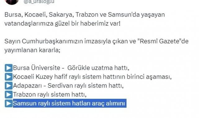 Bakan Uraloğlu: "Samsun raylı sistem hattı araç alımını biz üstleniyoruz"