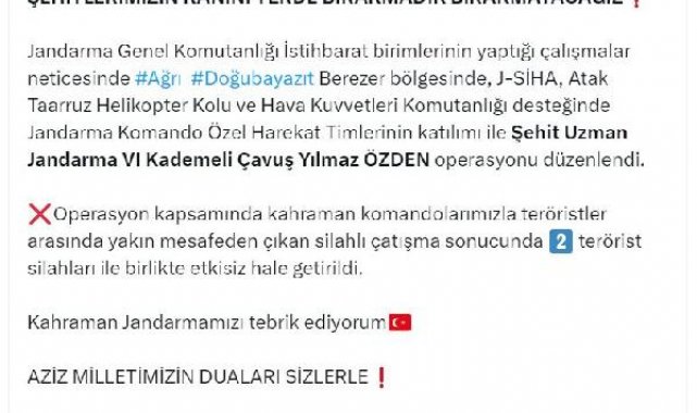 Bakan Yerlikaya: Ağrı'da 2 terörist etkisiz hale getirildi