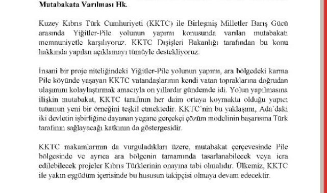 Dışişleri: Yiğitler- Pile yolunun yapımı konusunda varılan mutabakatı memnuniyetle karşılıyoruz