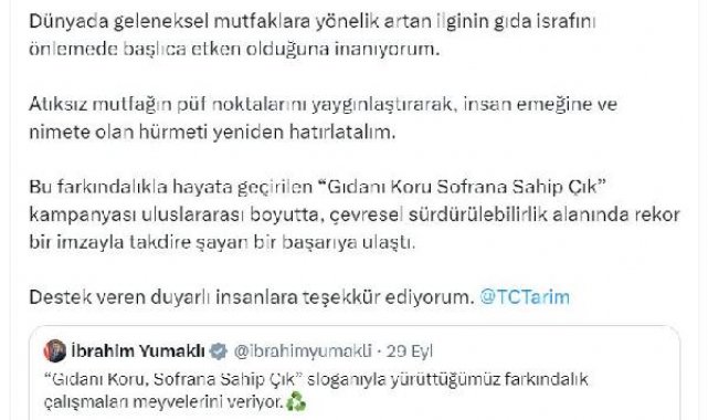 Emine Erdoğan: 'Gıdanı Koru Sofrana Sahip Çık' kampanyası takdire şayan bir başarıya ulaştı