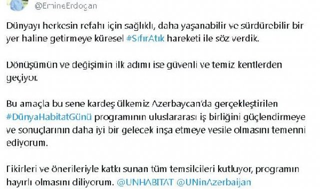 Emine Erdoğan'dan, 'Dünya Habitat Günü' programına tebrik mesajı